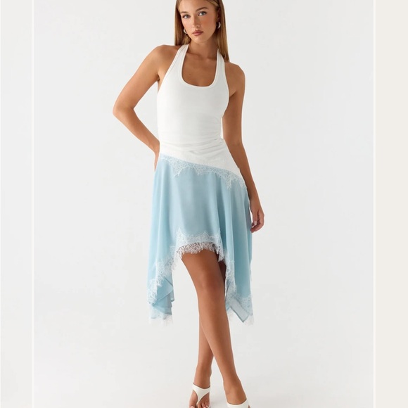 Peppermayo Dresses & Skirts - Peppermayo Brionee Midi White and Light Blue Lace Trim Halter Dress